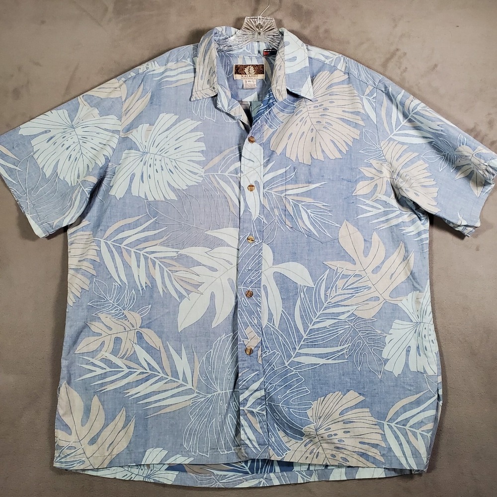 VTG Kalaheo Hawaiian Shirt Mens‎ XL Blue Palm Print Button Camp USA Made Aloha